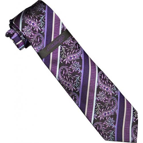 Piattelli Collection PT002 Violet / Fuchsia / White Diagonal Paisley Stripes 100% Woven Silk Necktie/Hanky Set